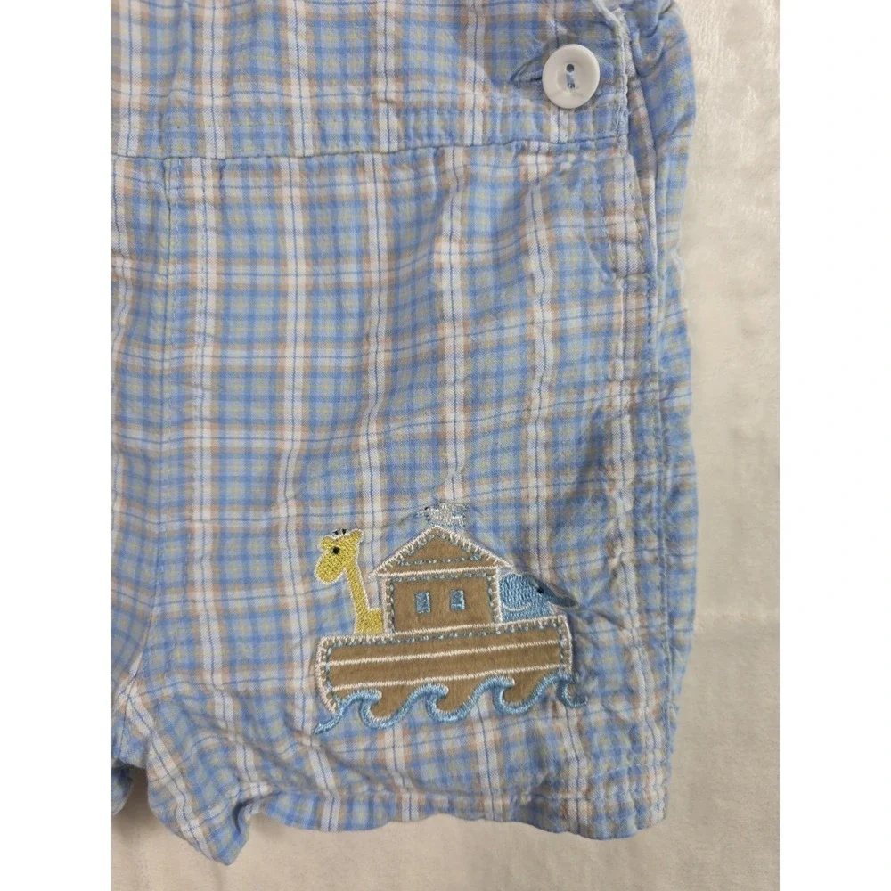 Y2K Vintage BT Kids Baby Boy Noah Ark Plaid Overall Hat Set 6-9M